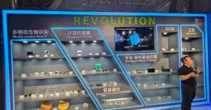 Exhibit titled 'Revolution' showcasing ZKTeco’s advancements in Multi-modal BioCV, Computer Vision, RFID, and Smart Entrance Control, representing cutting-edge technologies in security.