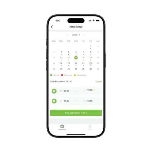 ZKBio Zlink Mobile App calendar view for tracking Time & Attendance schedules.