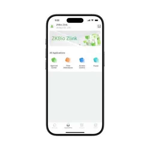 ZKBio Zlink Mobile App displaying available applications for workforce management.