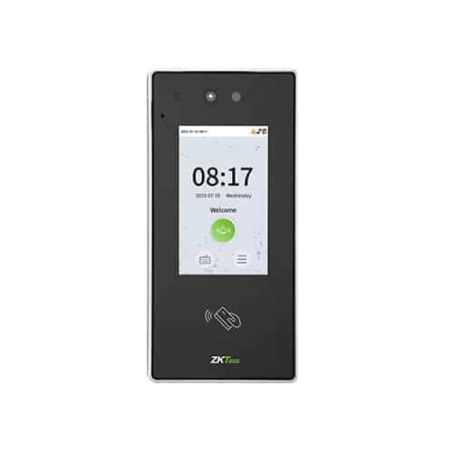 ZKTeco SpeedFace-V4L Pro hybrid biometric access control terminal with 4-inch touch screen, facial recognition, fingerprint, RFID, QR code, and video intercom.