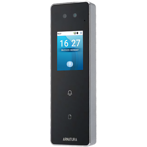 Armatura OmniAC20 hybrid biometric reader on a light background with a subtle shadow.