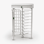 ZKTeco full-height turnstile gate on a light background with a subtle shadow.