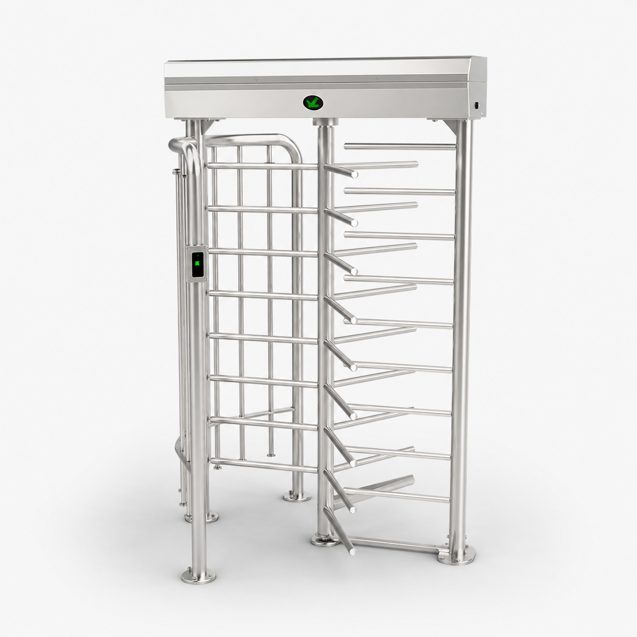 ZKTeco full-height turnstile gate on a light background with a subtle shadow.