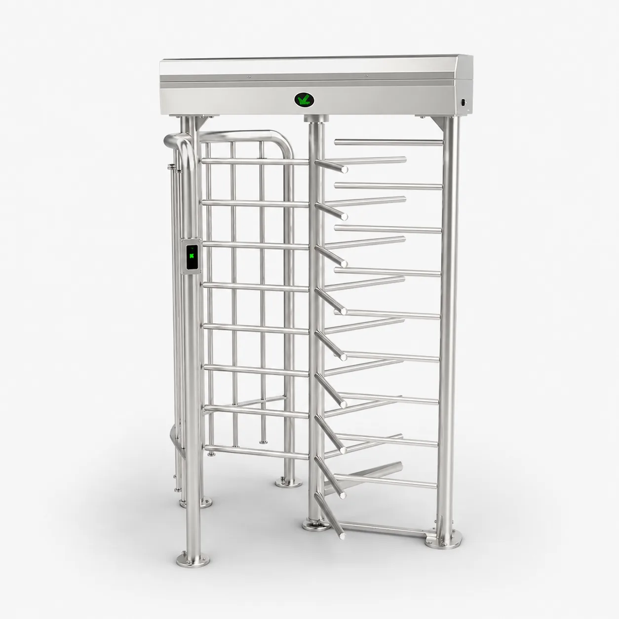 ZKTeco full-height turnstile gate on a light background with a subtle shadow.