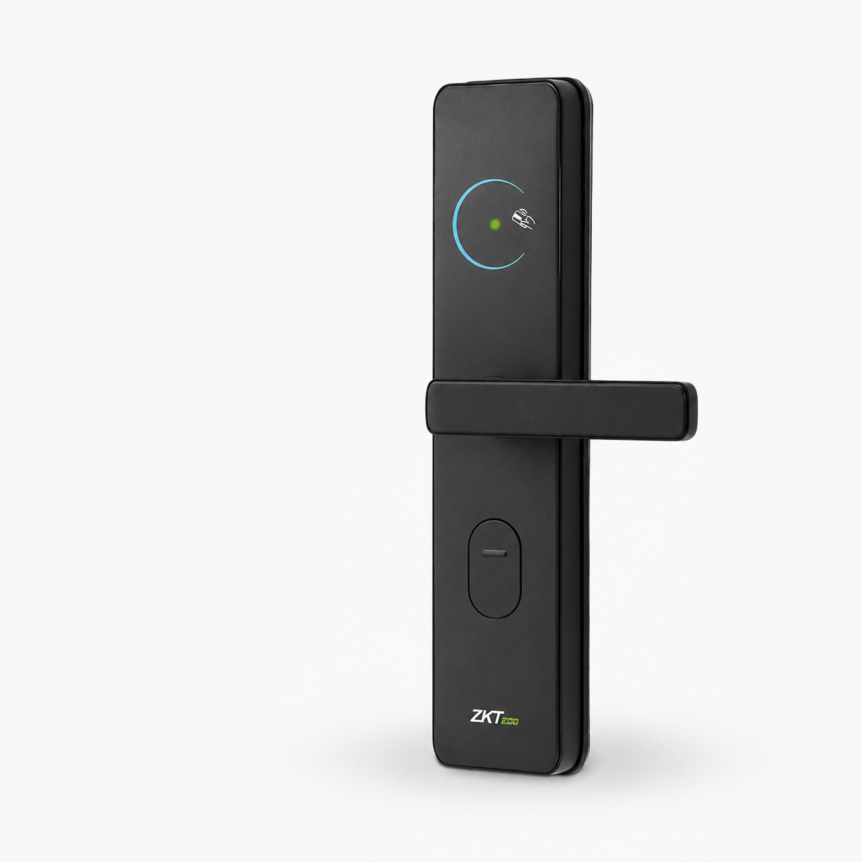 ZKTeco SL02-ZL140H smart door lock with black handle on a light background.