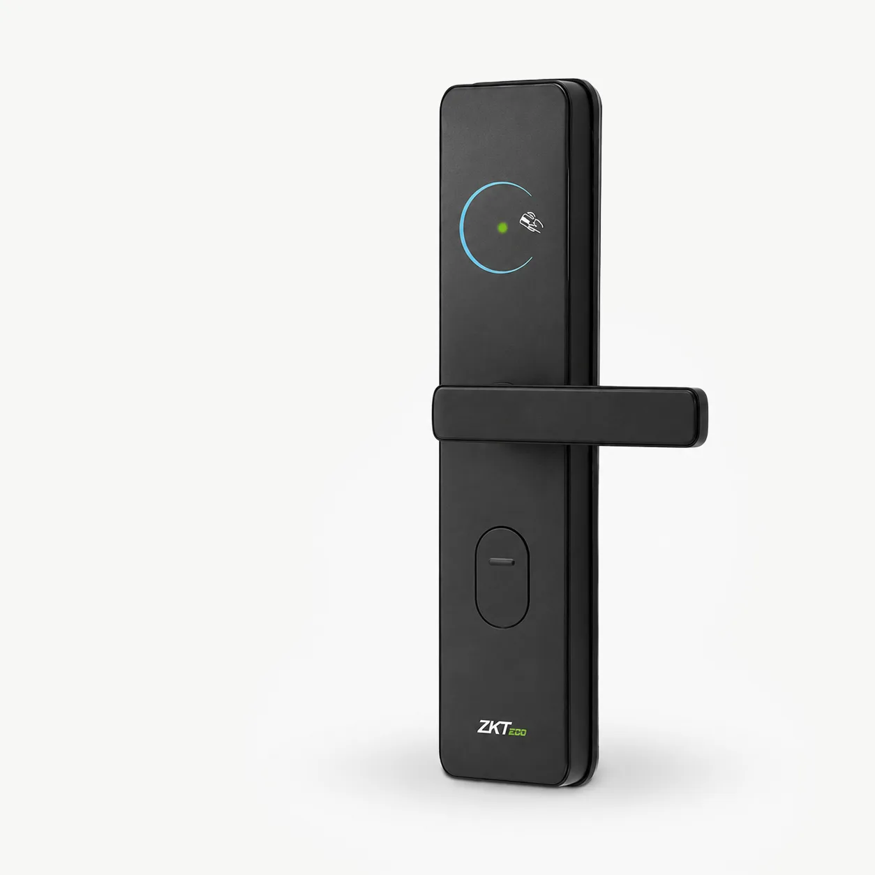 ZKTeco SL02-ZL140H smart door lock with black handle on a light background.