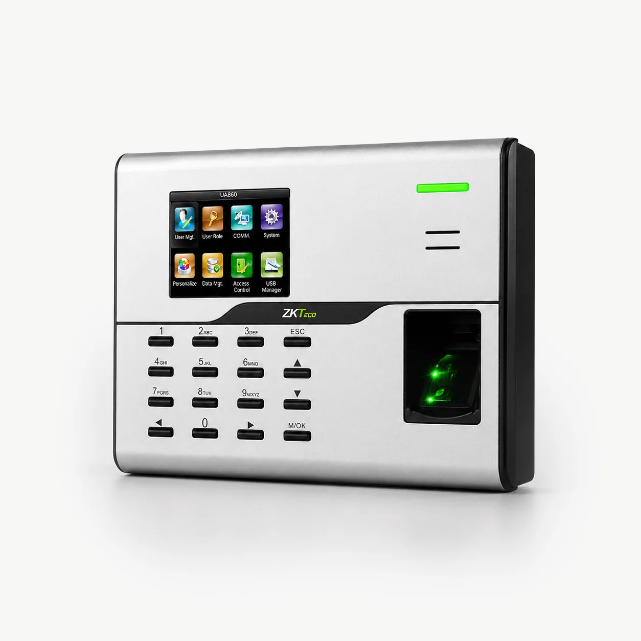 ZKTeco UA860 biometric time attendance terminal with fingerprint reader on a light background.