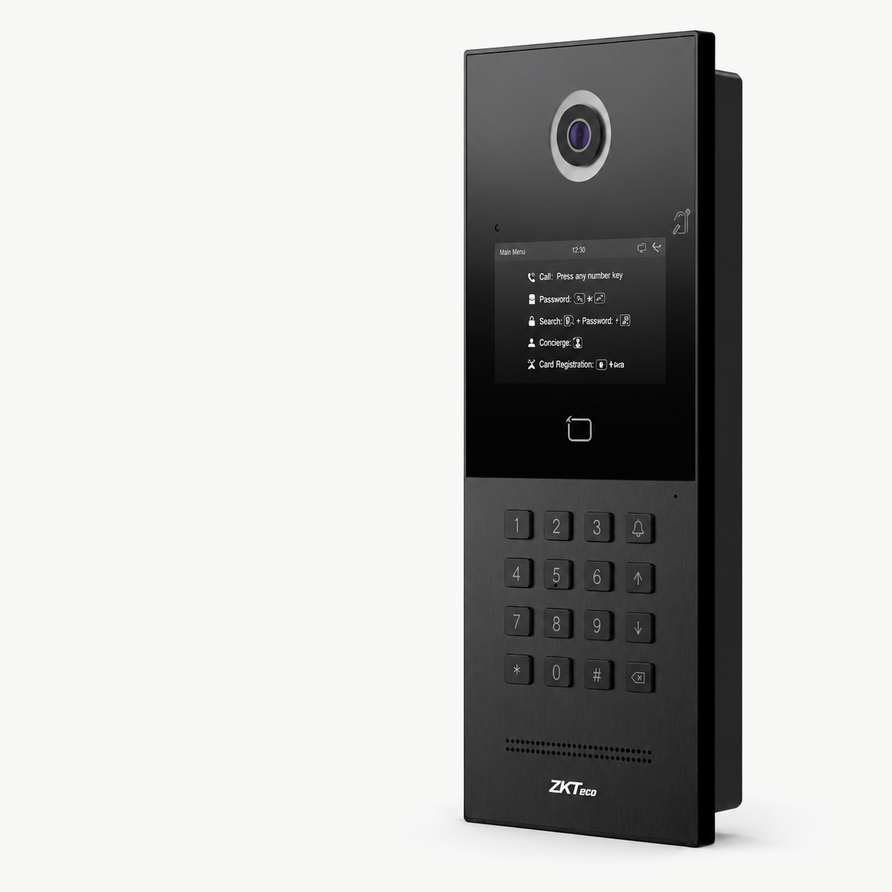 ZKTeco VEX-B24A video intercom door station with camera, display and keypad on a light background.