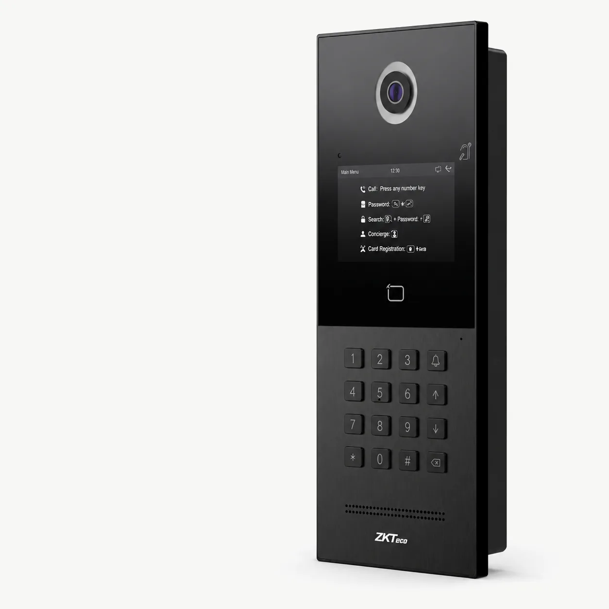 ZKTeco VEX-B24A video intercom door station with camera, display and keypad on a light background.