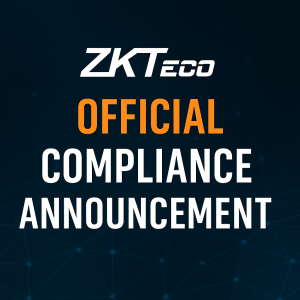 ZKTeco Official Compliance Announcement — digital graphic representing global data security and privacy standards, featuring modern typography on a connected network background.