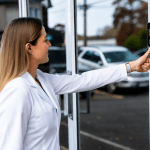 Pharmapac staff member using a ZKTeco ProMA biometric reader installed by Integrated Security Services for secure access control