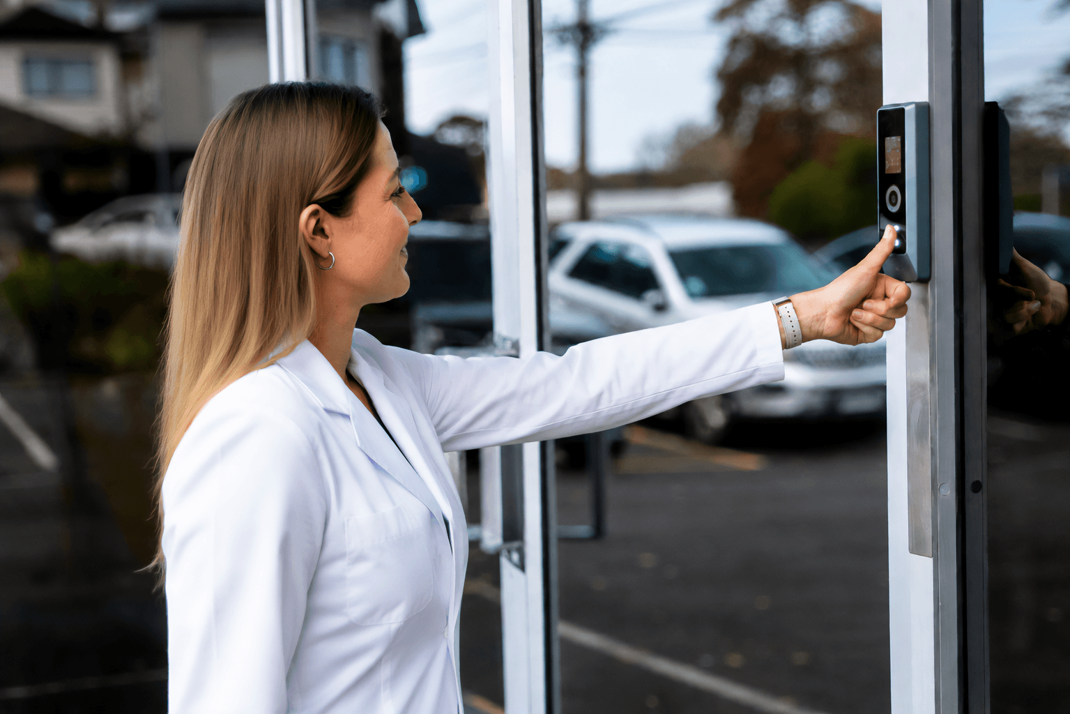 Pharmapac staff member using a ZKTeco ProMA biometric reader installed by Integrated Security Services for secure access control