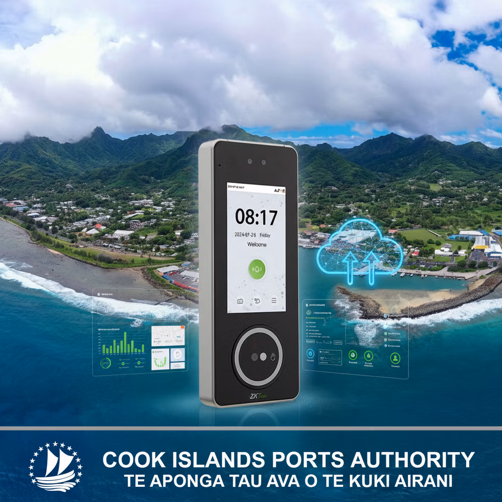ZKTeco SpeedPalm V5L biometric terminal with facial and palm recognition, deployed by NZTeco with ZKBio Time Cloud at Cook Islands Ports Authority to improve security and workforce time management.