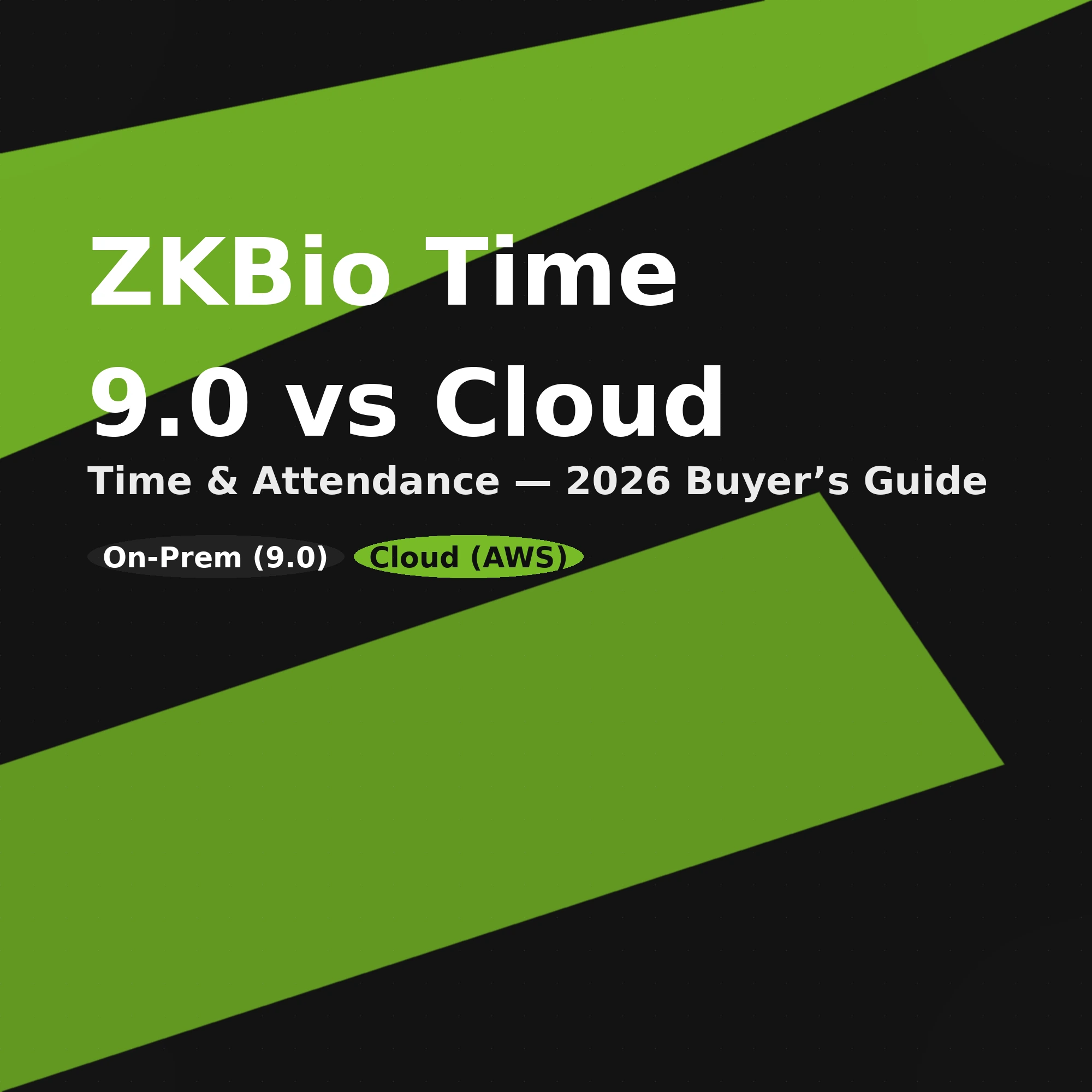 ZKBio Time 9.0 vs Cloud — Time & Attendance buyer’s guide thumbnail in NZTeco green and dark grey.