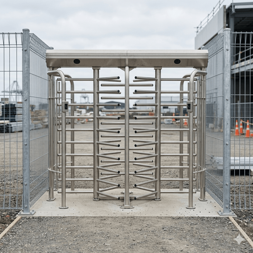 Double-lane full-height turnstile inside a secure fenced entry cage at a clean Auckland construction site in New Zealand.