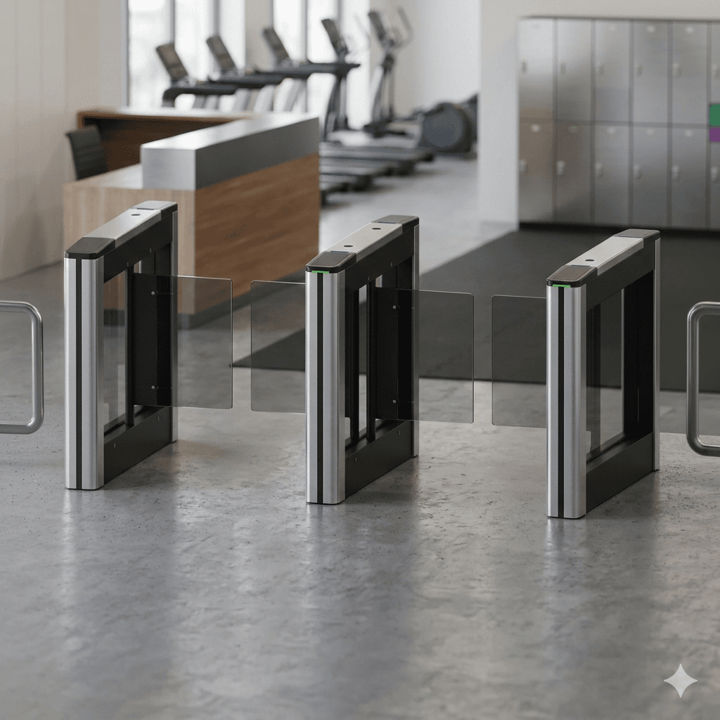 SpeedGate-style optical swing gate installed at a modern gym entrance with shallow depth of field and no people.