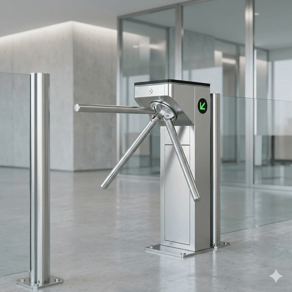 ZKTeco mTS1000 half-height tripod turnstile installed in a clean modern corporate lobby with shallow depth of field.