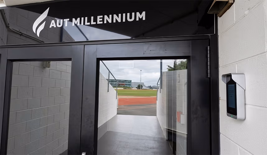 ZKTeco SpeedFace M4 facial and palm recognition access control device installed on wall at The Recovery Lounge AUT Millennium Auckland