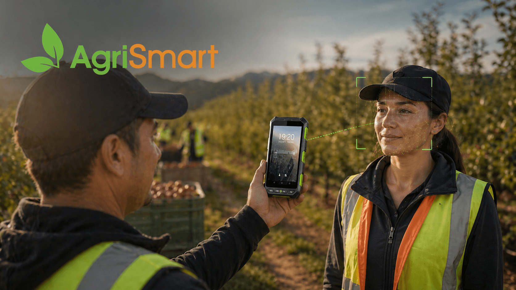 AgriSmart manager using a Horus H1 to scan a worker’s face in the field for time and attendance