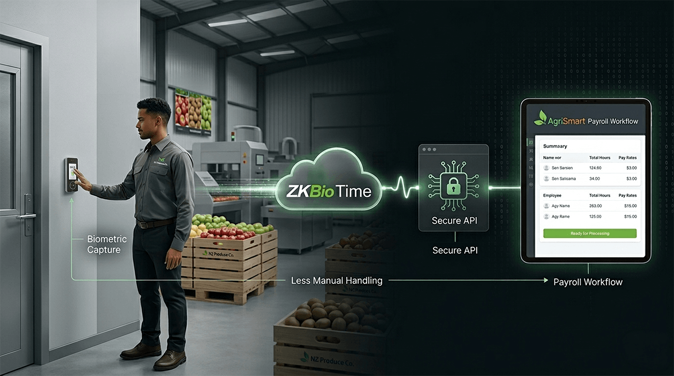 An infographic illustrating the AgriSmart Payroll Workflow for agricultural workforce management. An employee in an NZ Produce Co. warehouse uses a wall-mounted biometric scanner for biometric capture. Time and attendance data syncs to the ZK Bio Time cloud platform via a Secure API. A tablet displays the final payroll summary dashboard, showing employee names, total hours, and pay rates. This solution ensures less manual handling.
