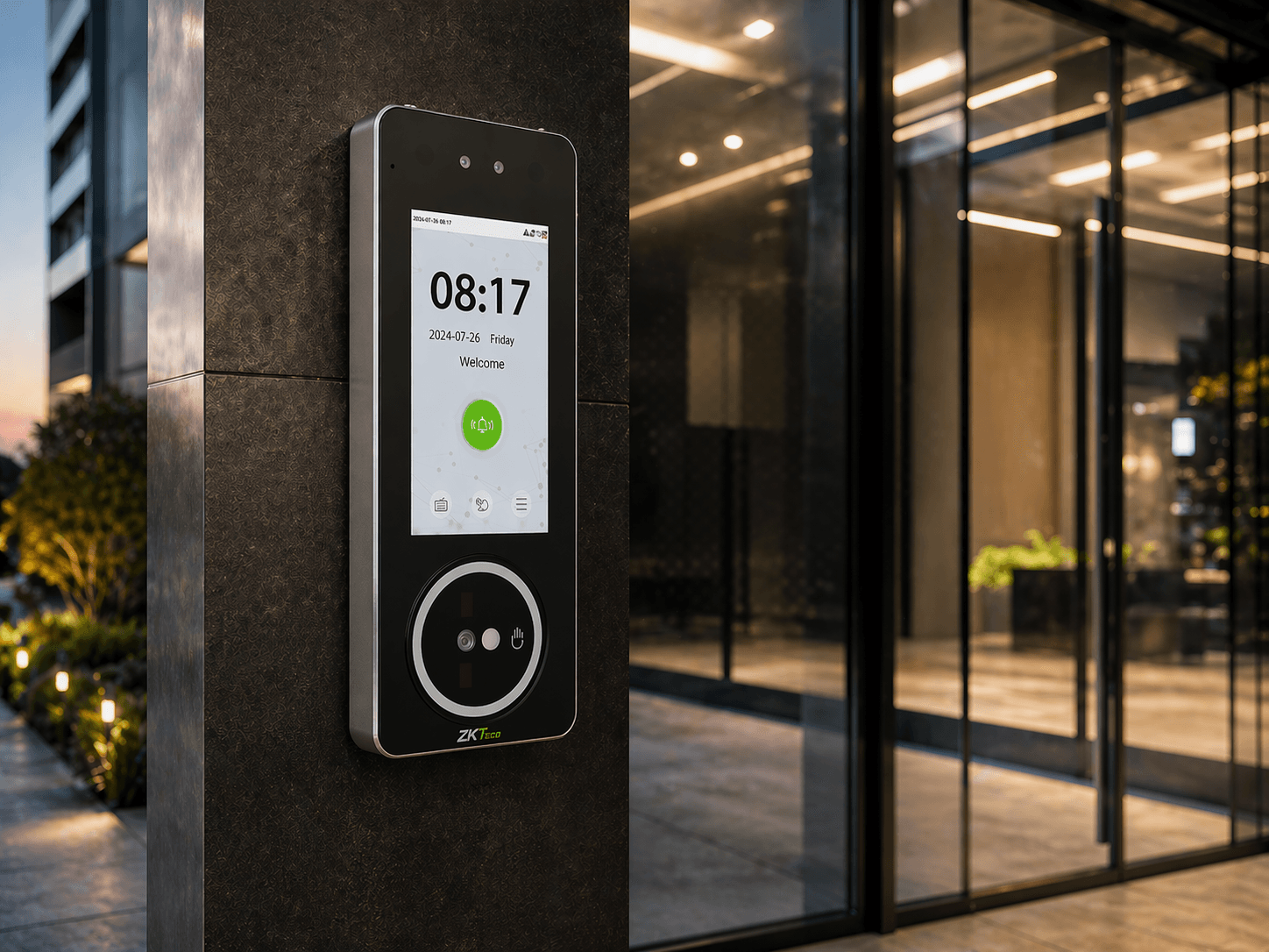 ZKTeco SpeedPalm biometric access control device installed at modern office entrance in New Zealand, demonstrating secure and contactless workforce entry system