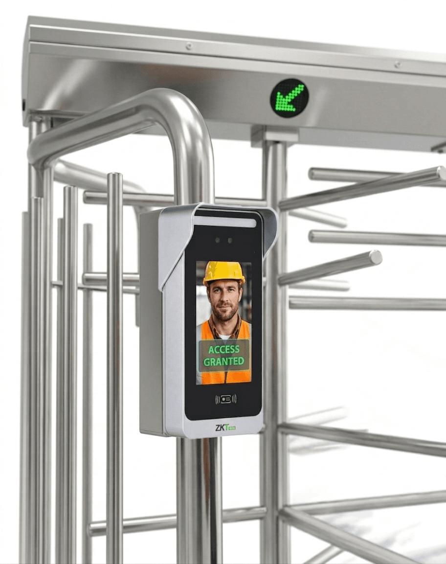 Biometric Facial Recognition Scanning on a ZKTeco SpeedFace M4 on a ZKTeco FHT2300 Full Height Turnstile by a construction worker