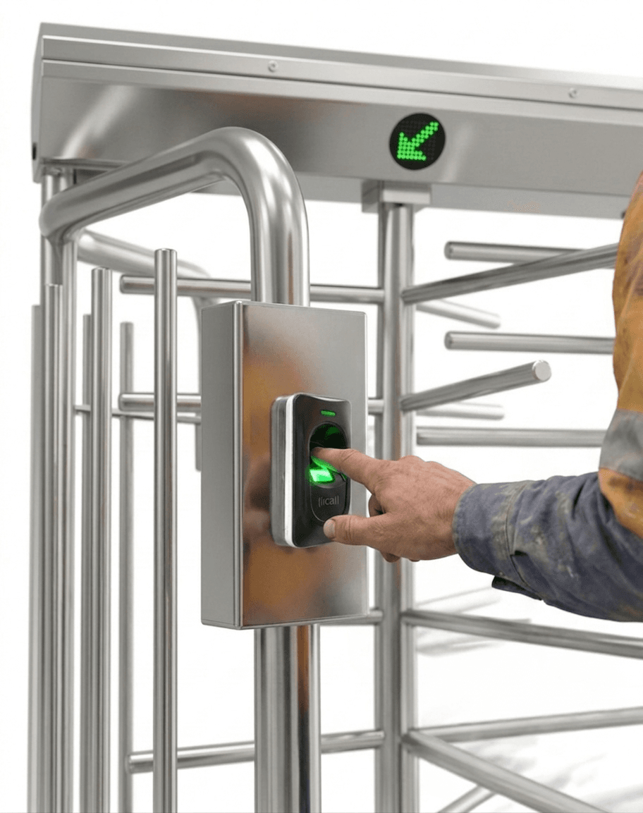 Biometric Fingerprint Scanning on a ZKTeco FR1200 on a ZKTeco FHT2300 Full Height Turnstile by a construction worker
