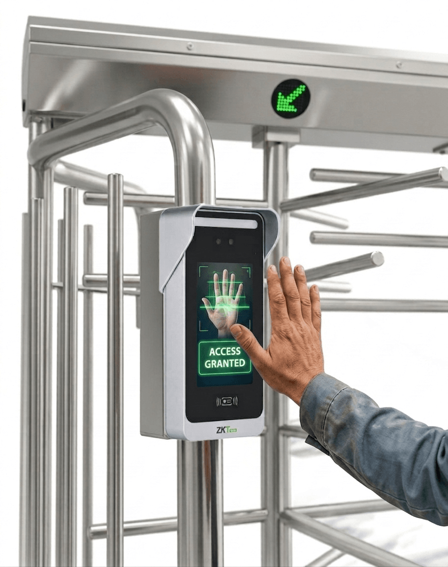 Biometric Palm Recognition Scanning on a ZKTeco SpeedPalm V5L on a ZKTeco FHT2300 Full Height Turnstile by a construction worker