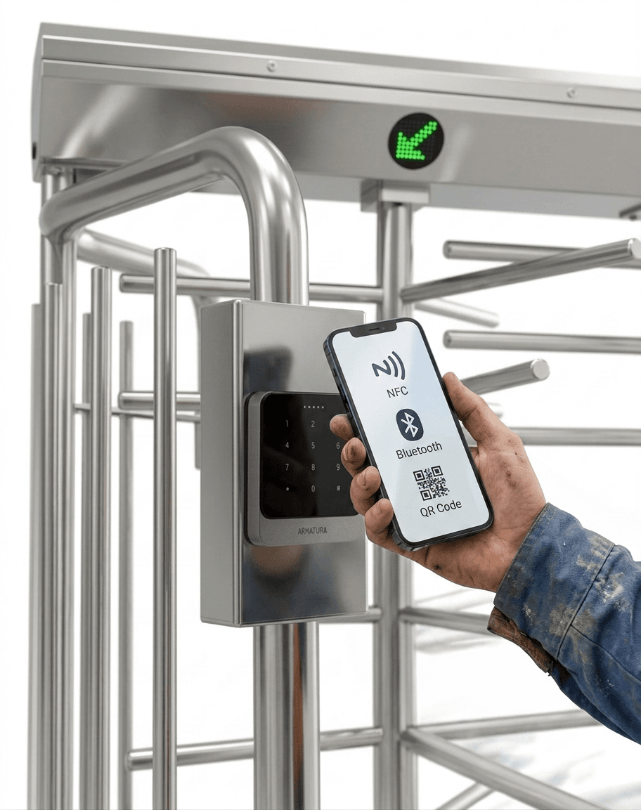 NFC, Bluetooth and QR Code Scanning on a Armatura EP20 Reader on a ZKTeco FHT2300 Full Height Turnstile by a construction worker