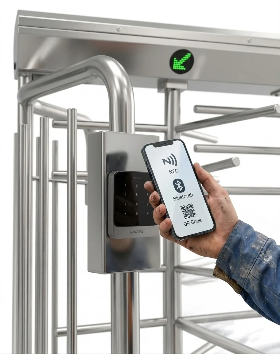 Mobile credential, NFC, Bluetooth and QR code access control reader on a turnstile