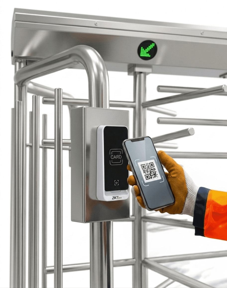 QR Code Scanning on a ZKTeco QR600-V on a ZKTeco FHT2300 Full Height Turnstile by a construction worker