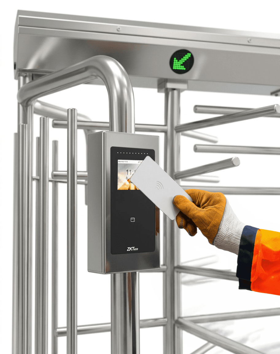 RFID Card/Tag Scanning on a ZKTeco SC800 on a ZKTeco FHT2300 Full Height Turnstile by a construction worker
