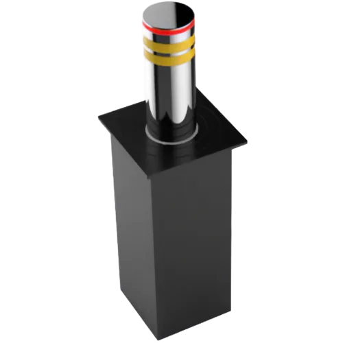 ZKTeco BOL1219-A - Retractable security bollard with chrome finish, red and yellow reflective bands, mounted on a black square base