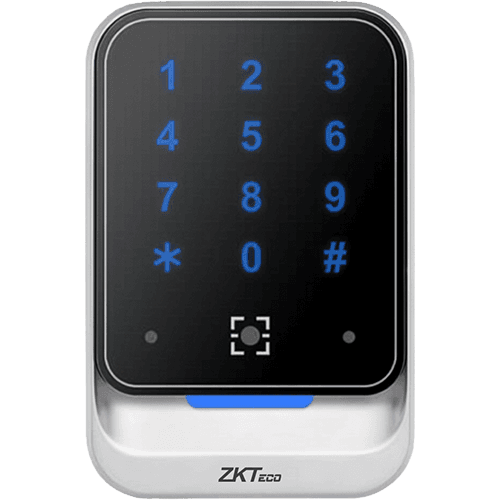 ZKTeco QR600-HK waterproof access control reader with dynamic QR code, RFID, and keypad interface.