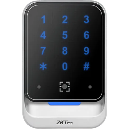 ZKTeco QR600-HK waterproof access control reader with dynamic QR code, RFID, and keypad interface.