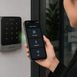 Armatura access control reader scanning a mobile credential with QR Code, Bluetooth and NFC options on a smartphone.