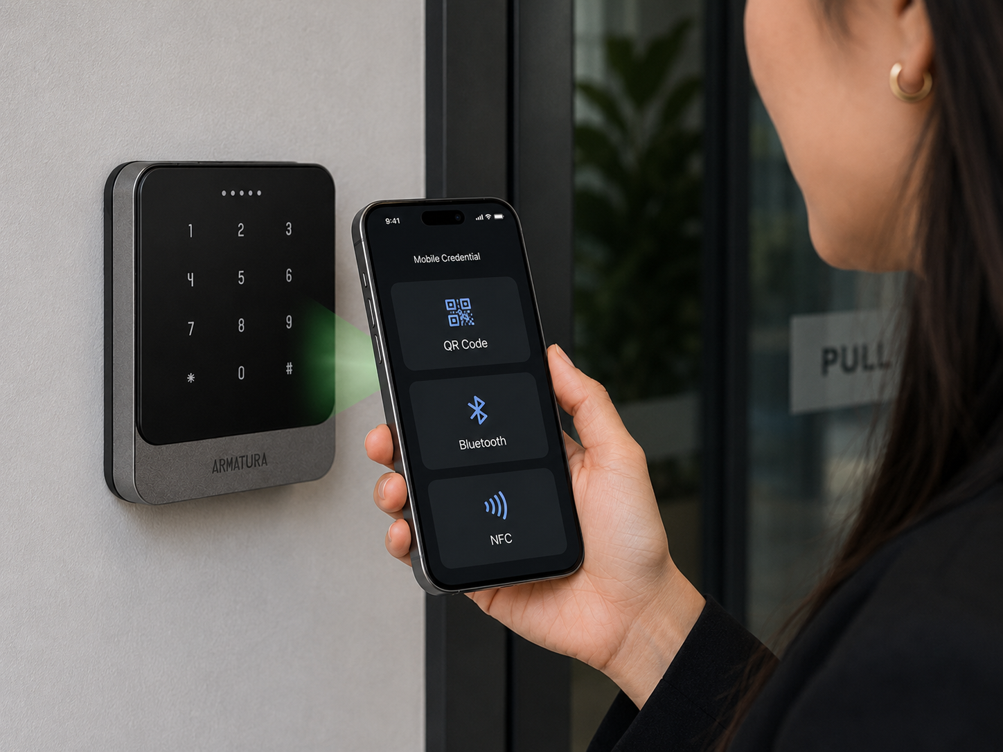 Armatura access control reader scanning a mobile credential with QR Code, Bluetooth and NFC options on a smartphone.