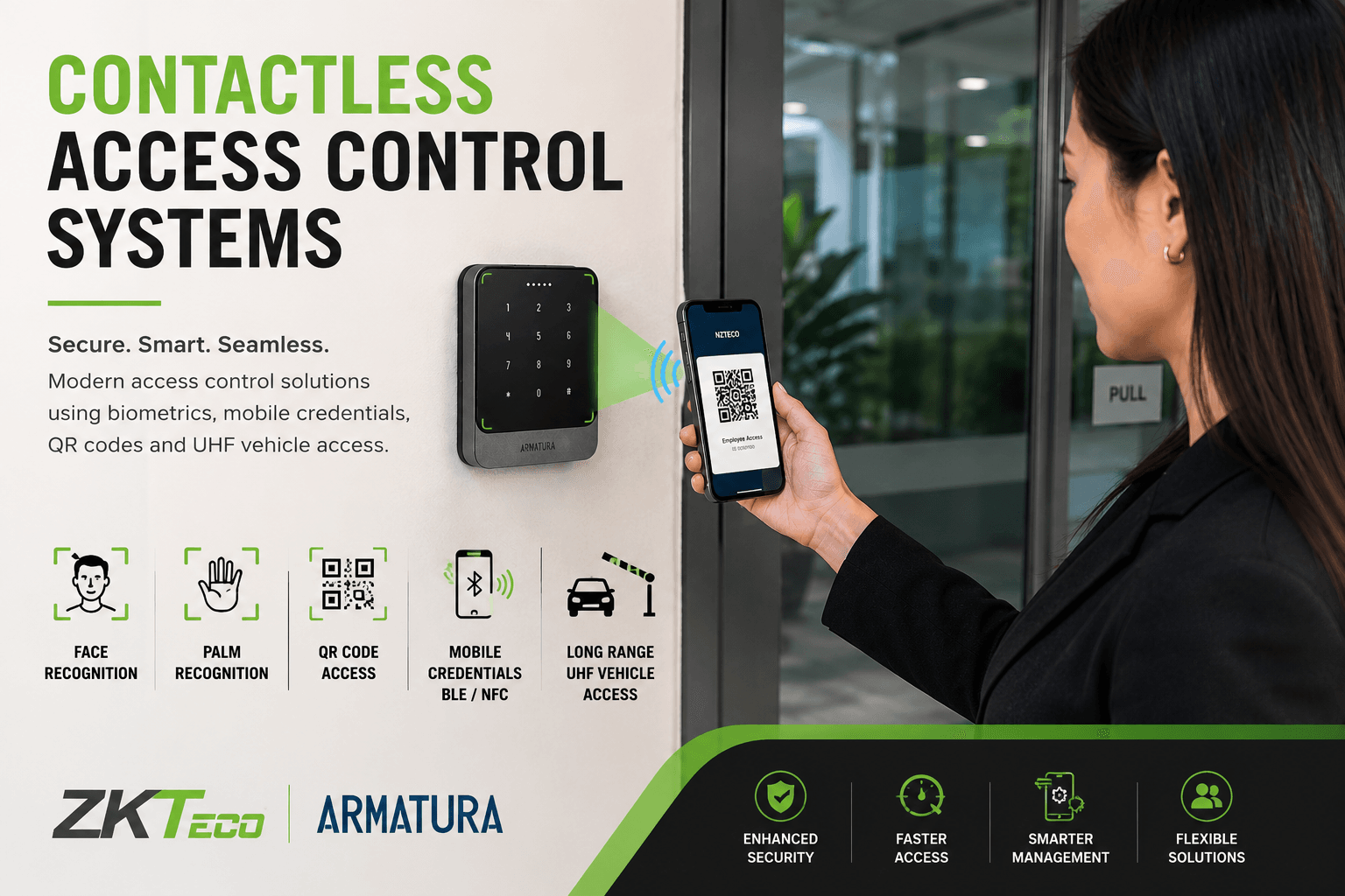 Contactless access control system showing mobile QR code access, biometrics, BLE/NFC credentials and UHF vehicle access for commercial security.