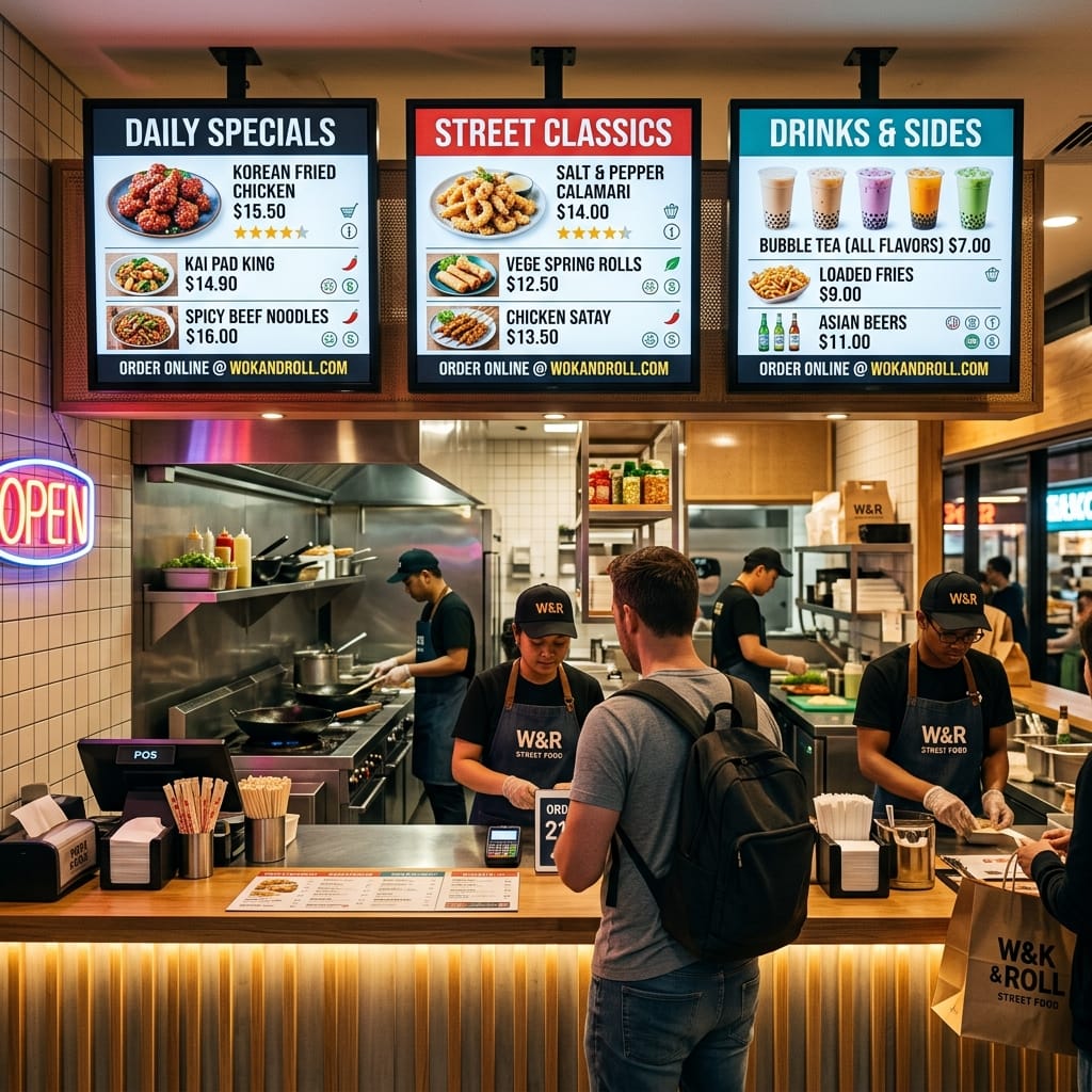 Modern takeaway restaurant order counter featuring a 3-screen ZKDigimax digital menu board display system mounted overhead showing dynamic food menus and pricing.