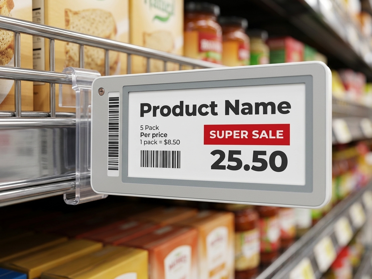A close-up view of a ZKDigimax electronic shelf label (ESL) displaying 'Product Name', 'Super Sale 25.50', and '1 pack = $8.50' mounted on a supermarket shelf in Auckland, with blurred groceries in the background.