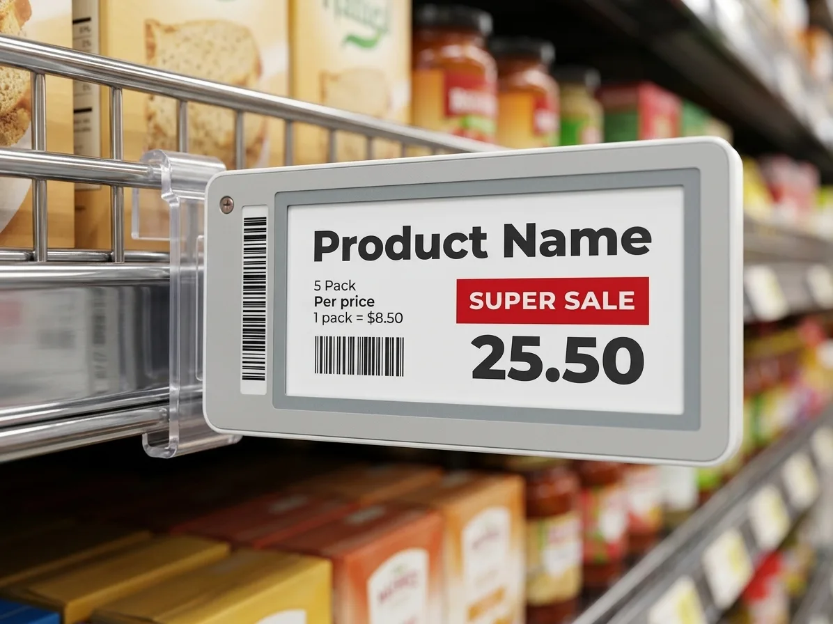 A close-up view of a ZKDigimax electronic shelf label (ESL) displaying 'Product Name', 'Super Sale 25.50', and '1 pack = $8.50' mounted on a supermarket shelf in Auckland, with blurred groceries in the background.