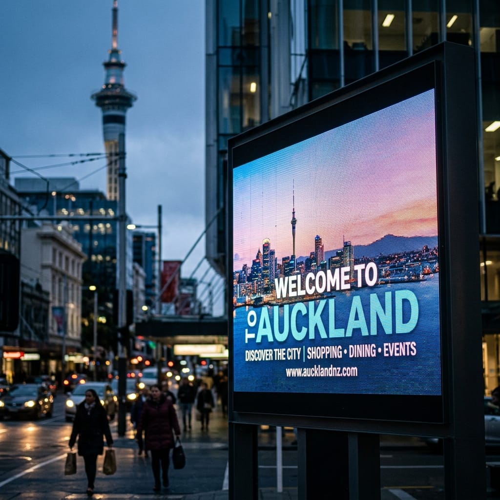 Close-up of a modern ZKDigimax outdoor IP65 LED digital signage kiosk displaying a vibrant Auckland cityscape advertisement on a city street, featuring shallow depth of field with the Sky Tower in the background.