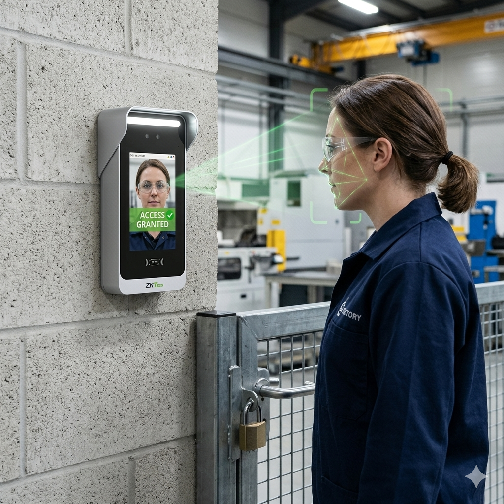 ZKTeco biometric facial recognition scanner and access control device with built-in sunshield and RFID card reader. Shown in an industrial factory setting with a user verifying for 'ACCESS GRANTED' on the screen, illustrating its application. NZTeco.