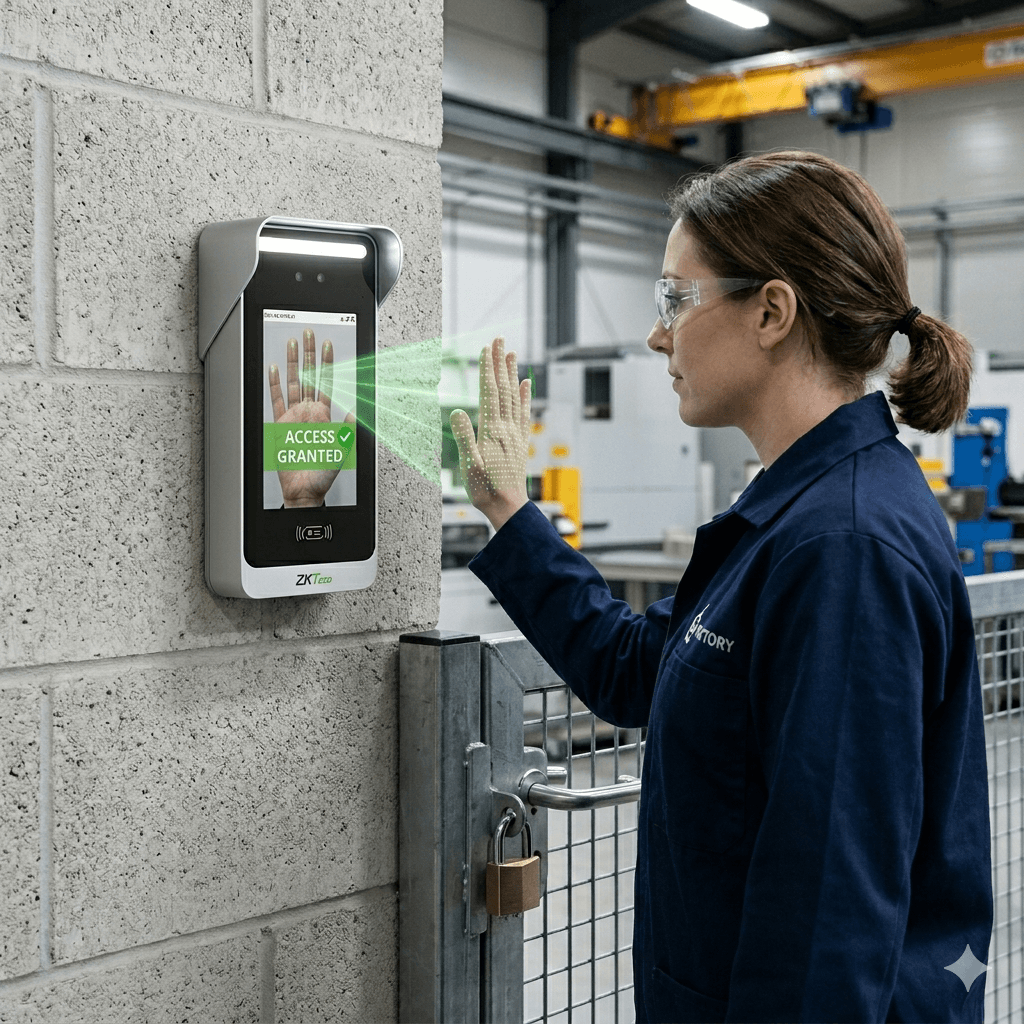 Worker using a ZKTeco palm recognition access control terminal at an industrial gate.