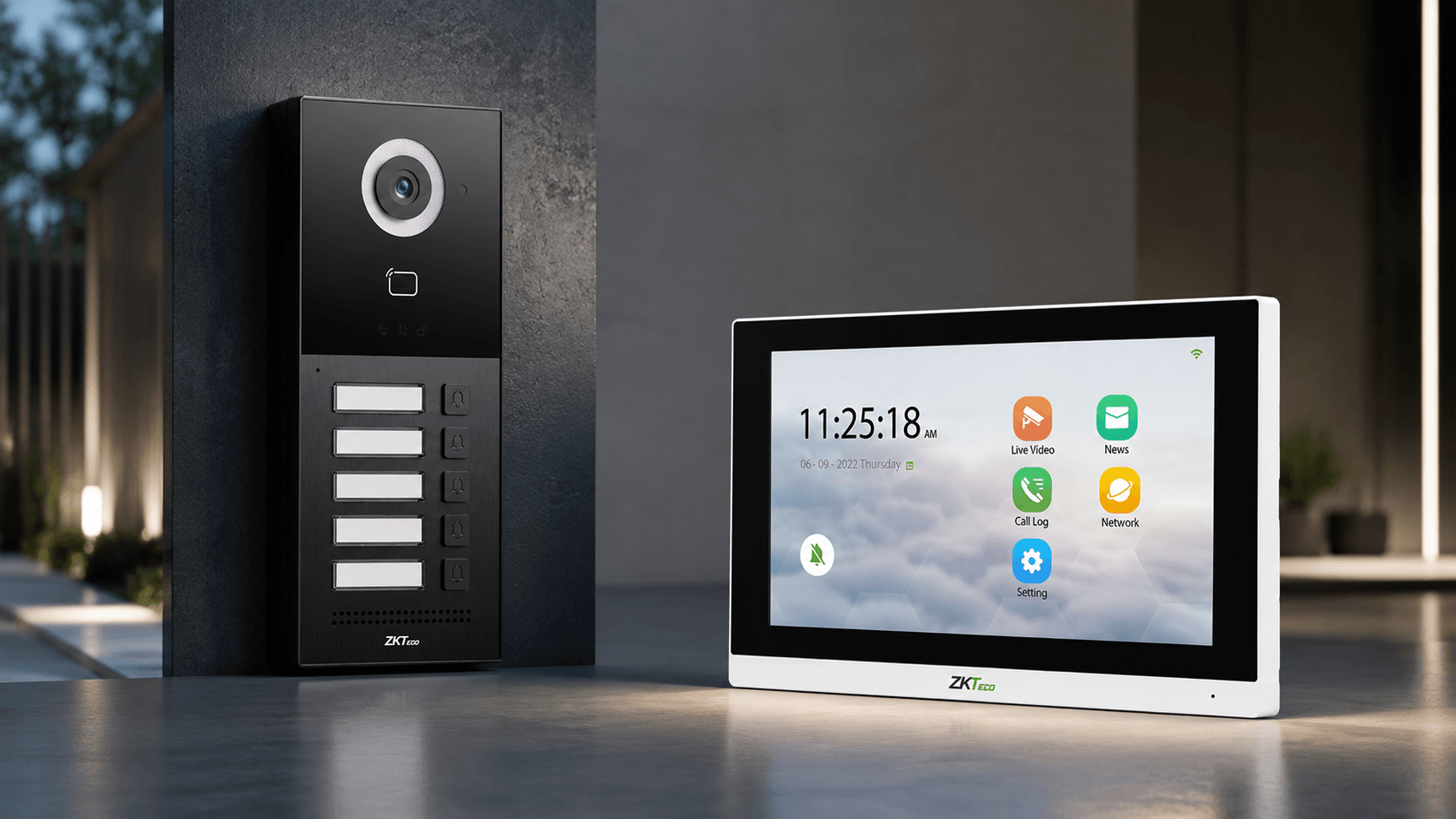 ZKTeco video intercom outdoor station and indoor monitor for smart door entry and access control.