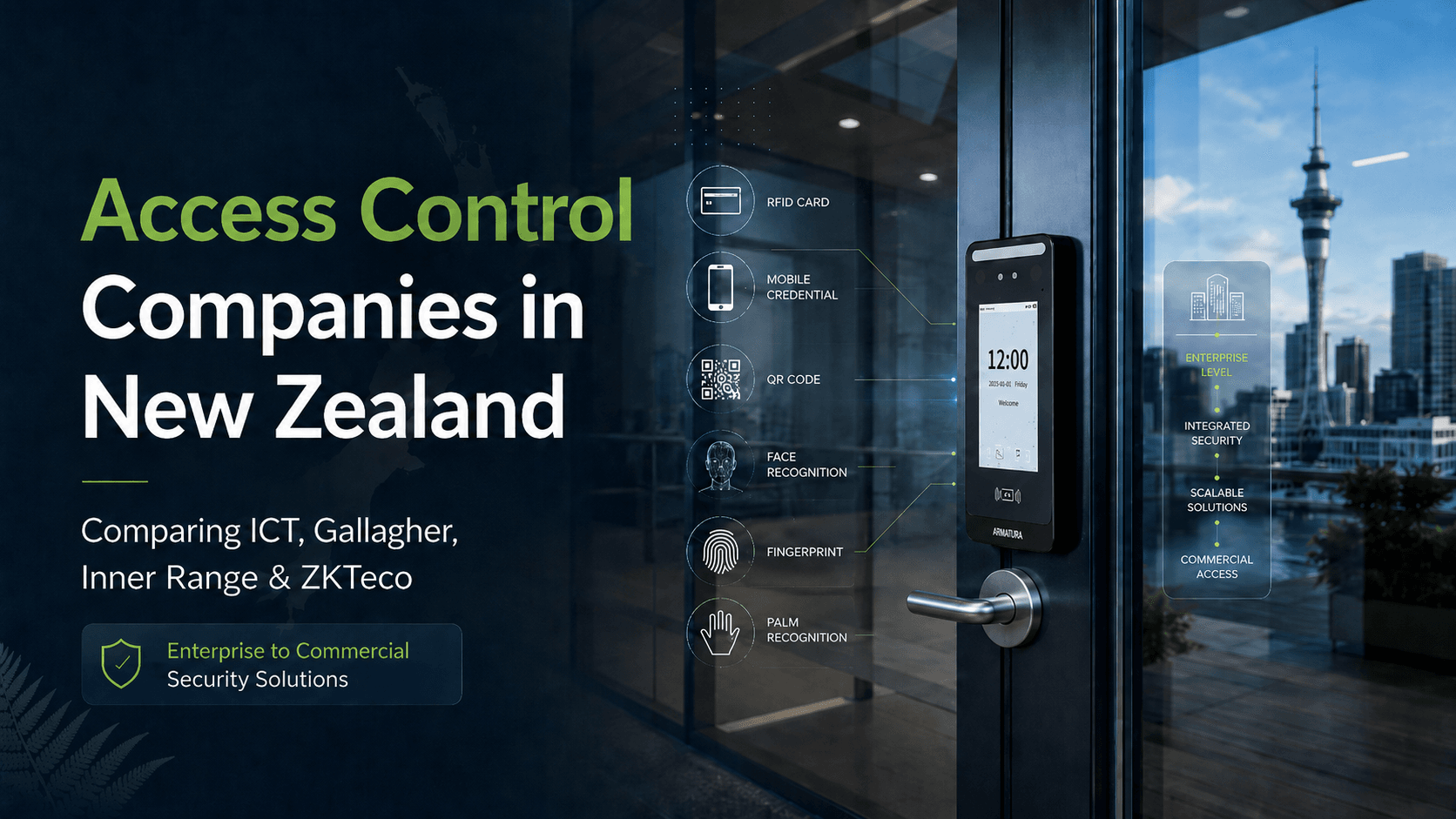 Access control companies in New Zealand comparison featuring ZKTeco, ICT, Gallagher and Inner Range with biometric, RFID, QR code and mobile credential security options.