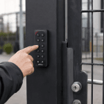 Person entering a PIN code on a ZKTeco KR902 keypad reader beside a steel swing gate.