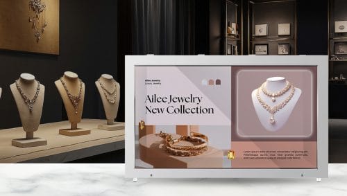 ZKDigimax DG03-A7T transparent box display in a jewellery retail setting