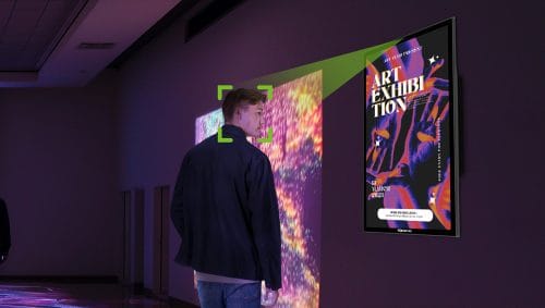ZKDigimax DG03-A5W AI wall-mounted signage with audience analytics in an exhibition environment