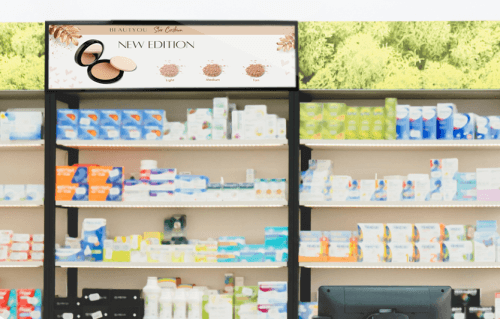 ZKDigimax LCD Shelf Display in a cosmetic-store retail shelf installation